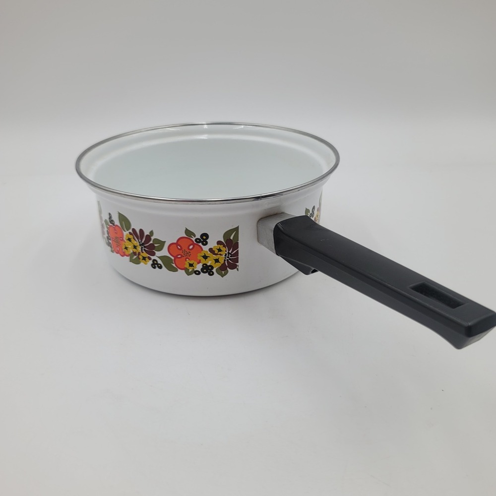 VTG Austria Email Enamelware Saucepan Floral 70s Retro White Retro MCM